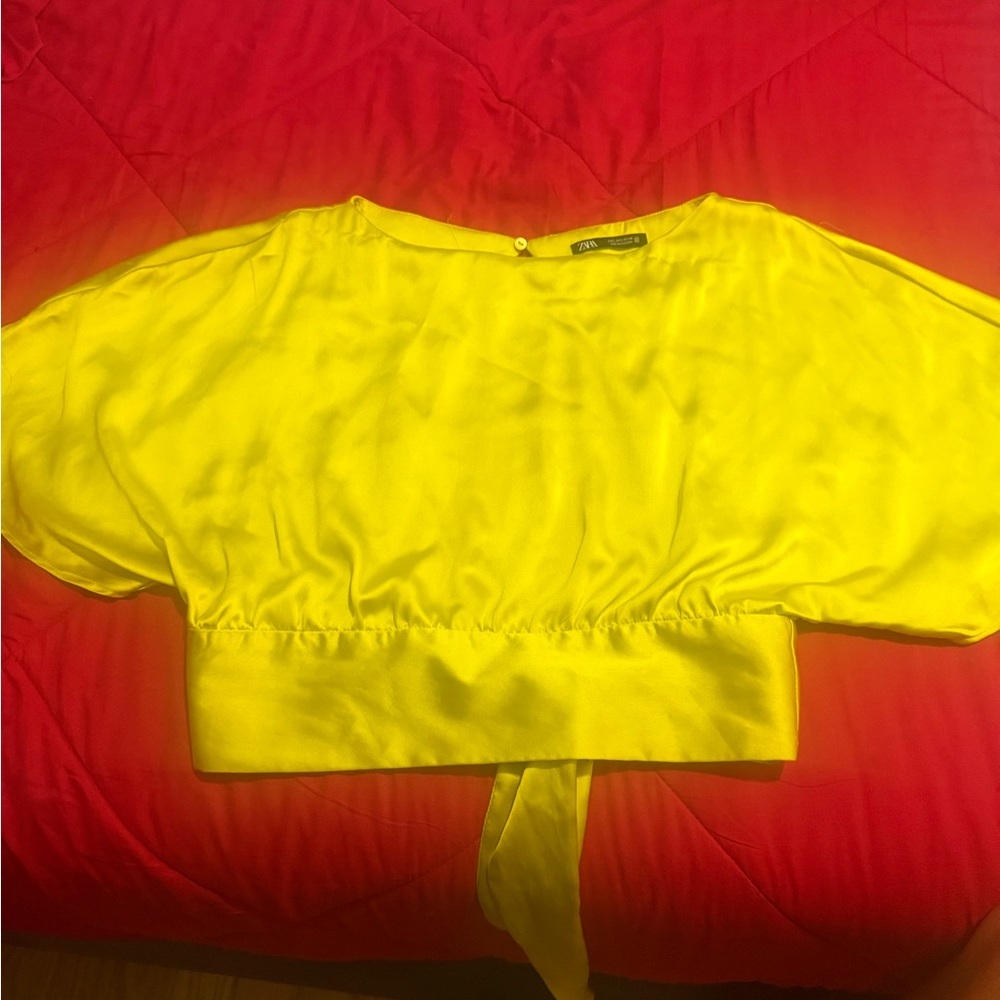 Zara Bright Yellow Satin Crop Top with Wide Hem